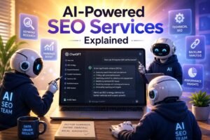 AI SEO team working on ChatGPT through a laptop dashboard, analyzing keywords, content optimization, search rankings, and AI-powered SEO strategies.