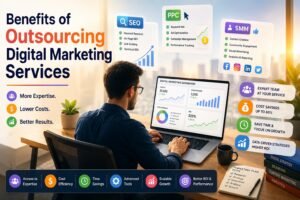 Solo freelancer managing SEO, PPC, and social media marketing campaigns on a laptop with digital analytics dashboards, growth charts, and radiant futuristic marketing visuals illustrating the benefits of outsourcing digital marketing services.