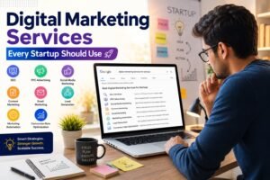 A solo startup business owner researching digital marketing services for startups on Google using a laptop, representing online marketing services for startups and best digital marketing services for startups.