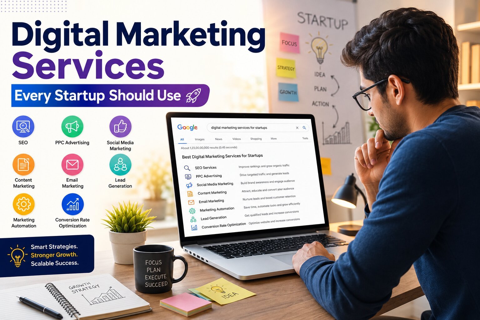 A solo startup business owner researching digital marketing services for startups on Google using a laptop, representing online marketing services for startups and best digital marketing services for startups.