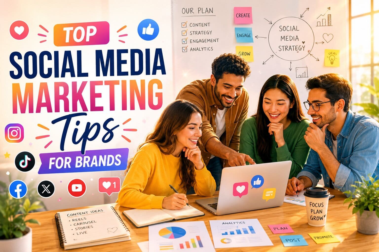 AI digital marketing team analyzing social media strategies and growth charts for top social media marketing tips for brands